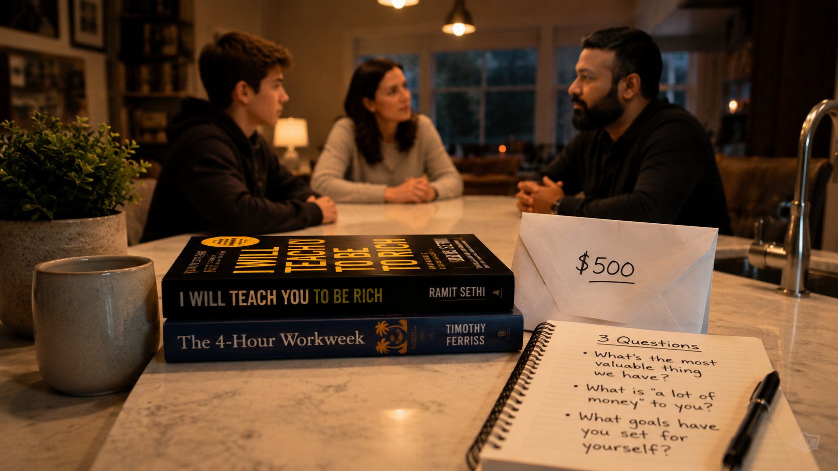 A kitchen island after dinner, two books and an envelope set out